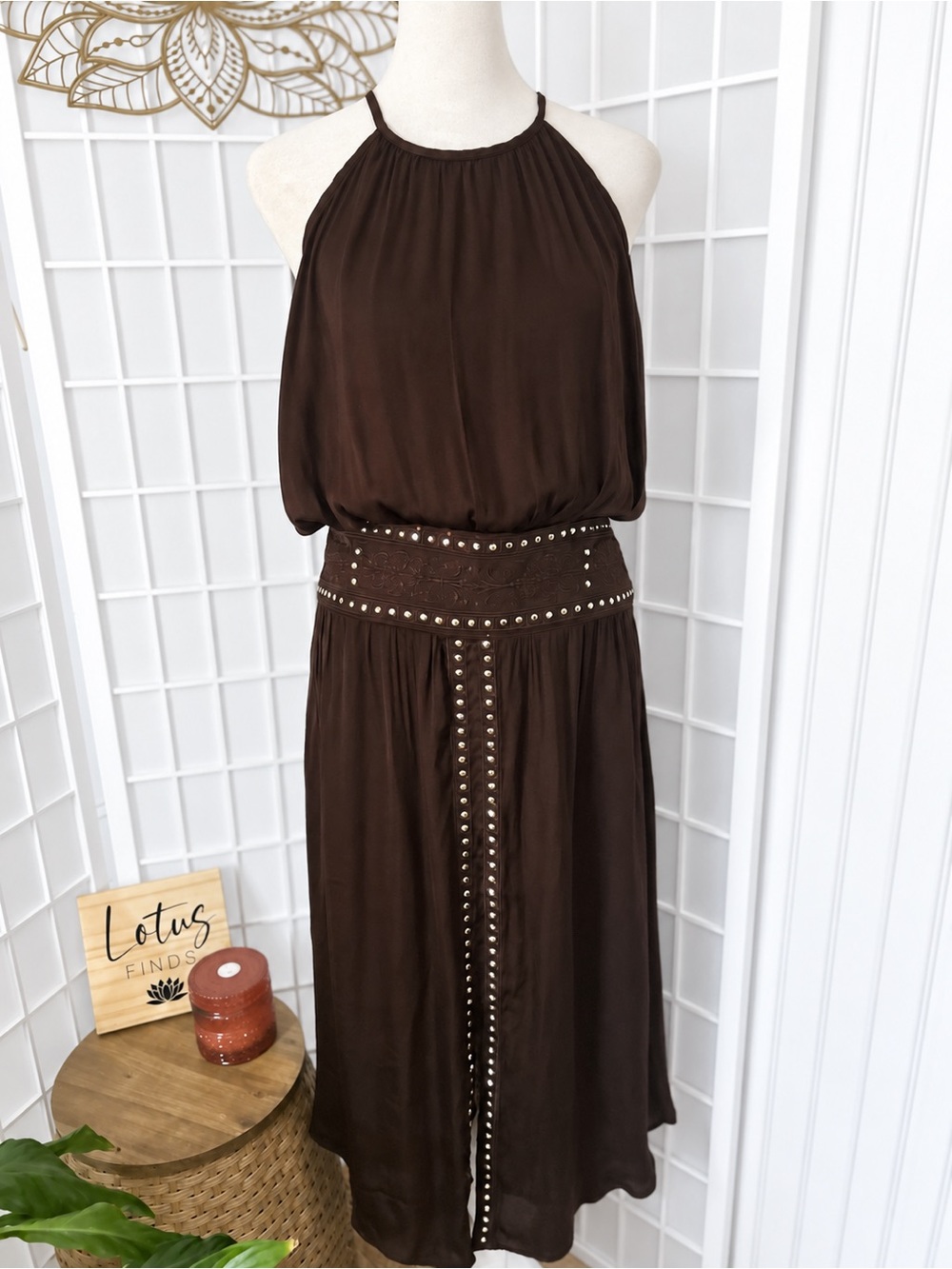Cato Brown Studded Embroidered Halter Maxi Dress Large